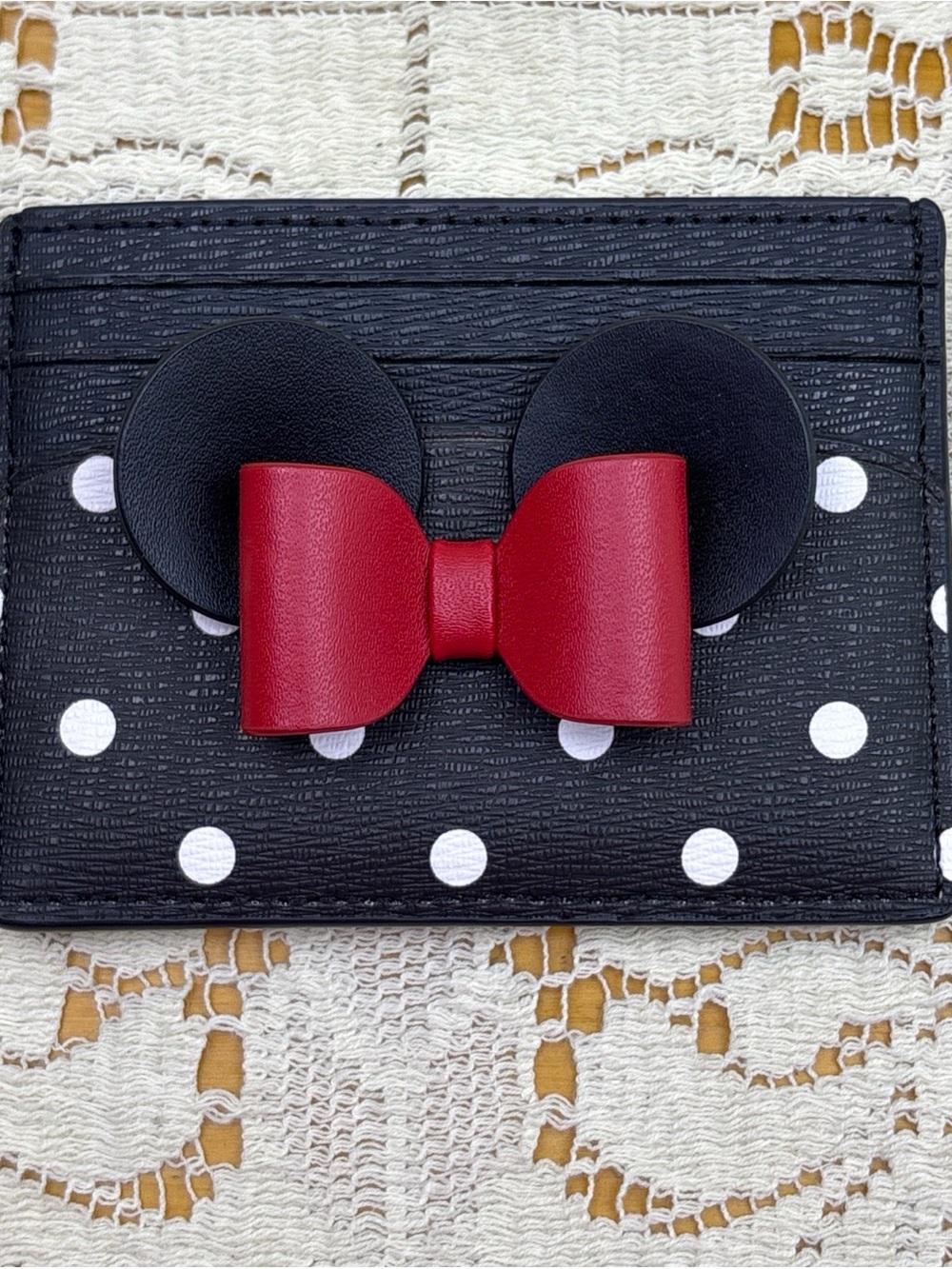 Kate Spade New York Minnie Mouse Polka Dot Card Holder Wallet Black Red Bow